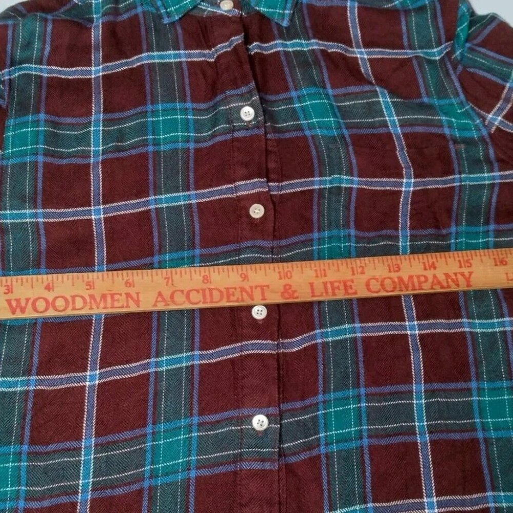 LL Bean Signature Flannel Shirt Women Medium Rayon Maroon Blue Plaid Long Sleeve - Picture 3 of 9